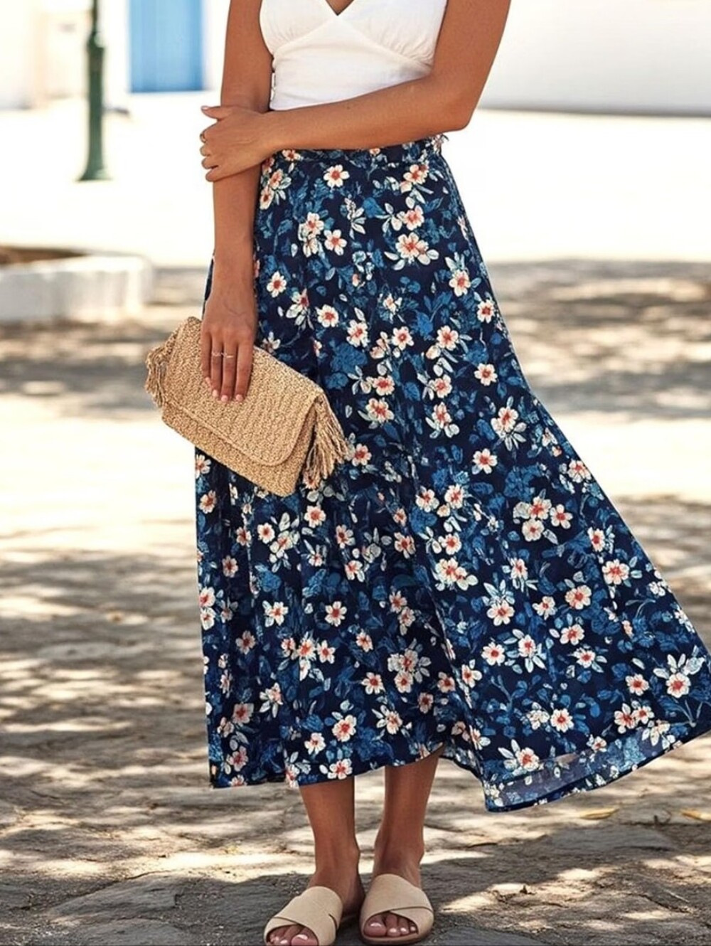 Navy Floral Midi Skirt - Lightweight Summer Skirt Size Medium NIP